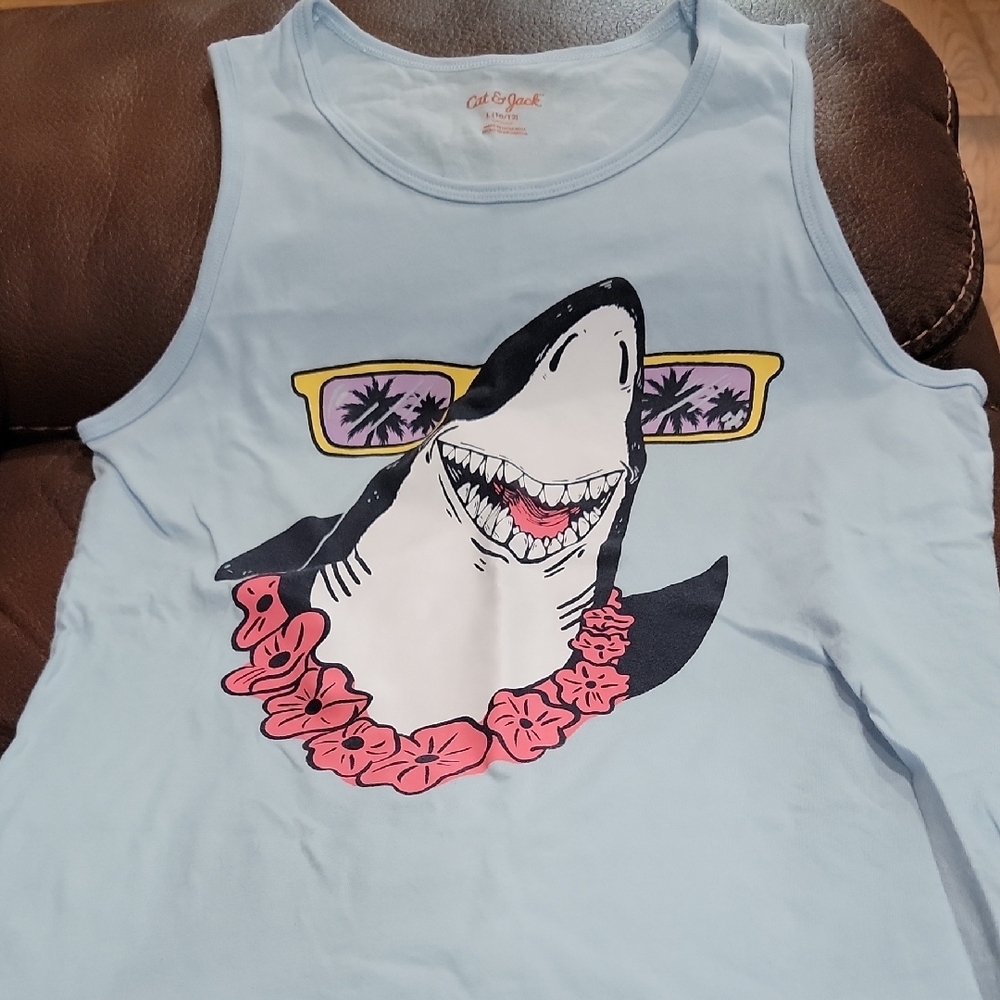 Blue Tank Top with Shark Graphic